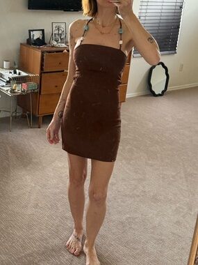 Linen Blend Zara Brown Mini Dress with Beaded Faux Stone Straps & Open Back